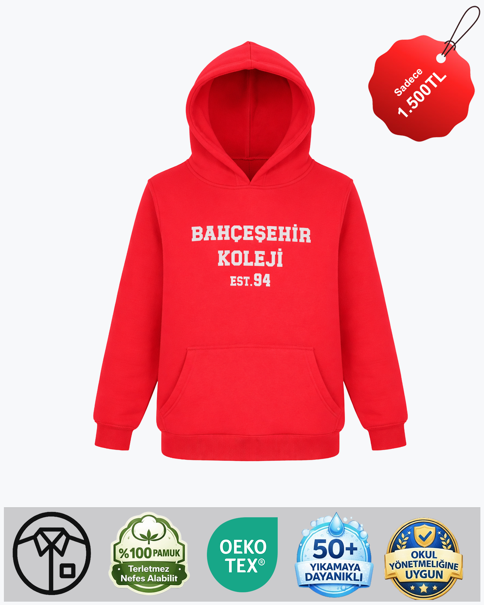 Bahçeşehir EST94 Kırmızı Kapşonlu Sweatshirt (Şardonlu)