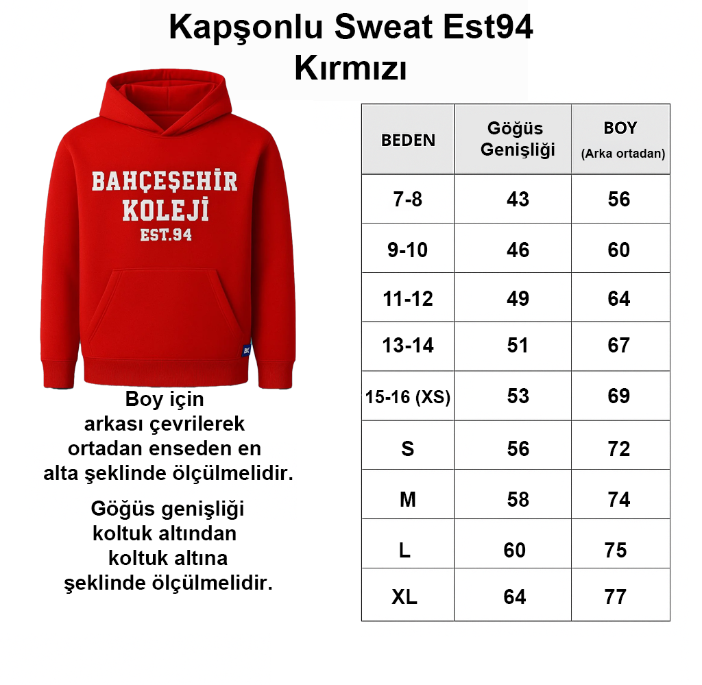Kapşonlu Sweat Est94 Kırmızı **3 iplik**